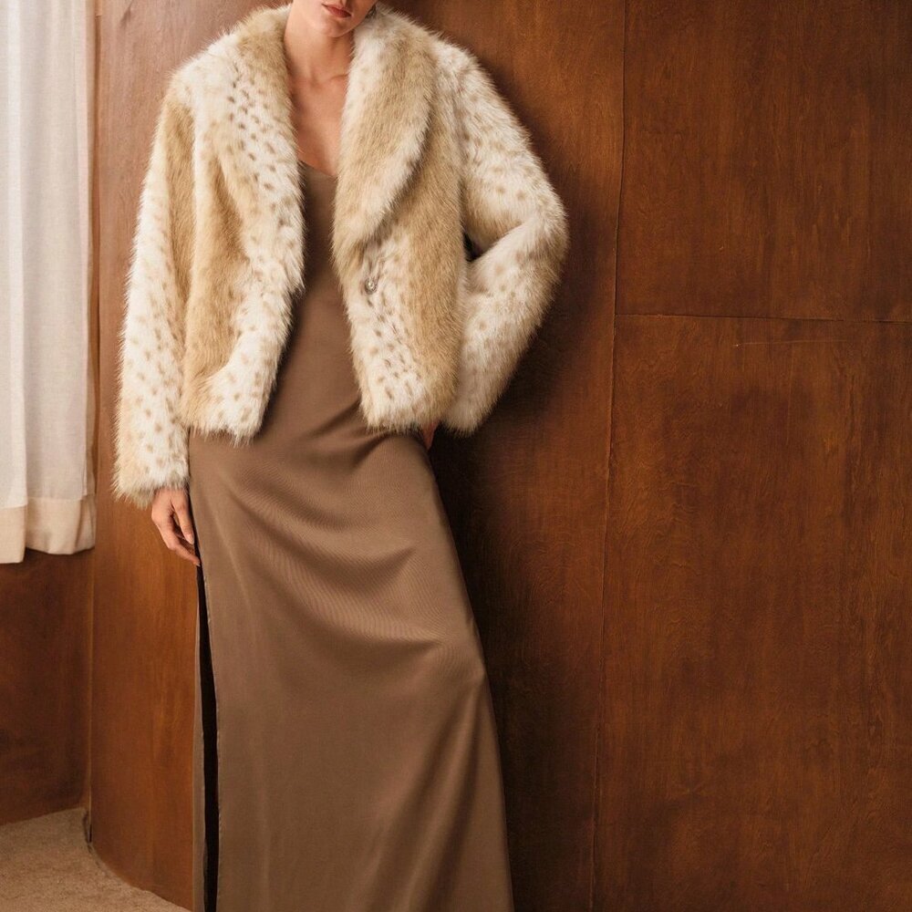 Khaki Casual Women's Shawl Collar Deer Dot Pattern Elegant Faux Fur Coat